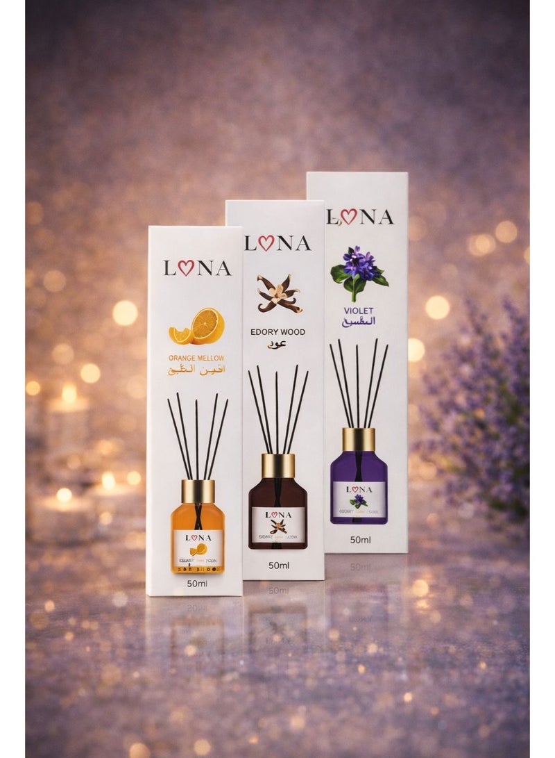 لونا ستور مجموعة معطر أعواد لونا – 3 × 50 مل (برتقال معتدل، خشب عطري، بنفسج) - Image 1